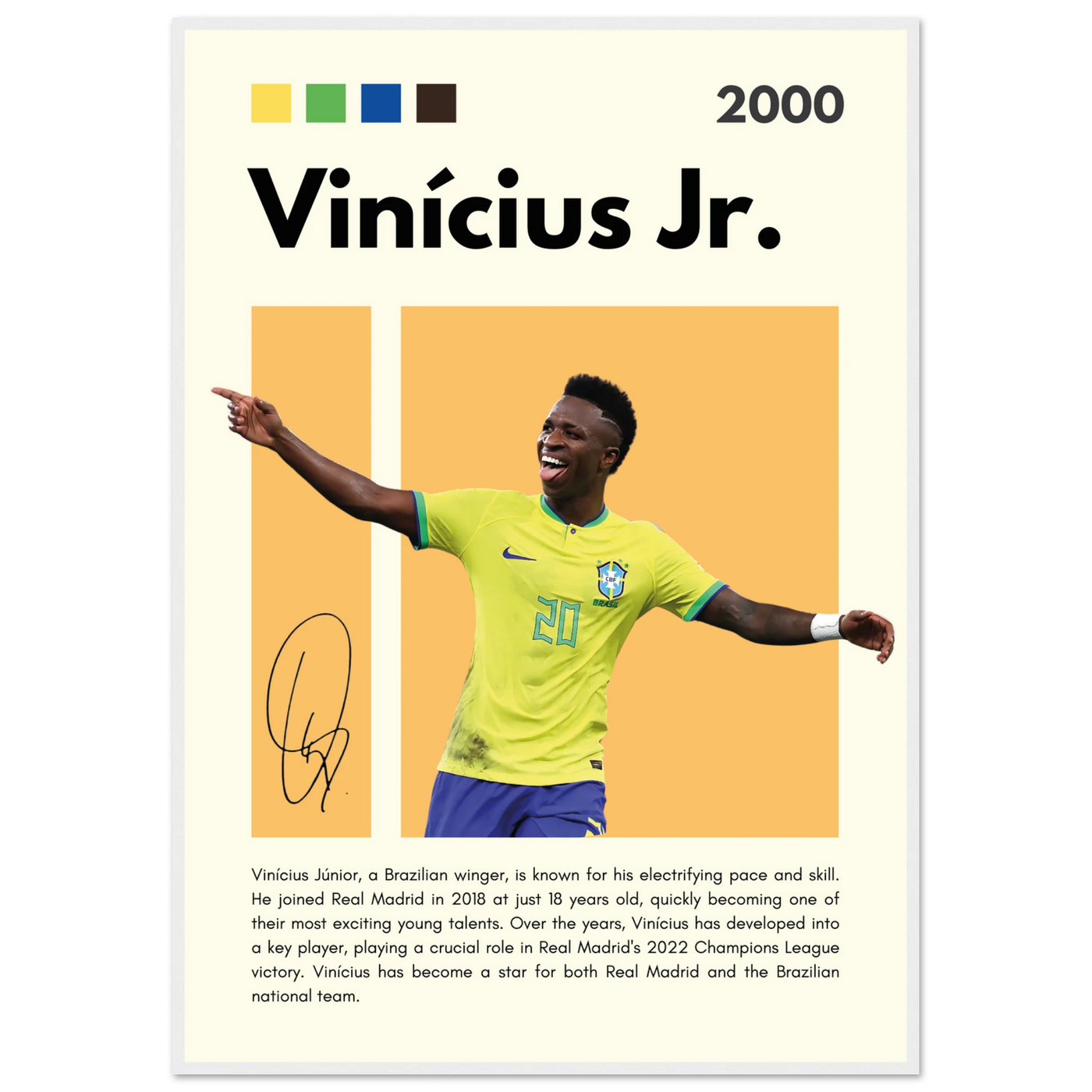 Vinicius Jr. Brazil Soccer Framed Poster – Dynamic Football Legend Art Print in Multiple Sizes & Frame Finishes 70x100 cm 28x40″ White frame Vibrantwalls