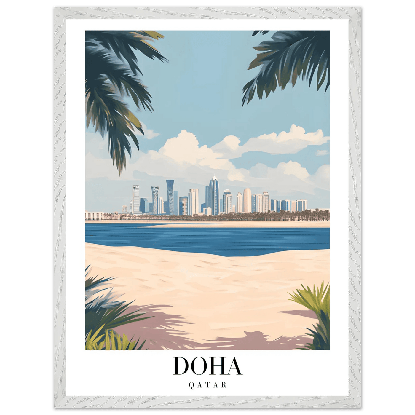 Doha Qatar Skyline Framed Poster – Modern Travel Wall Art with Palm Beach Vibes - Vibrantwalls