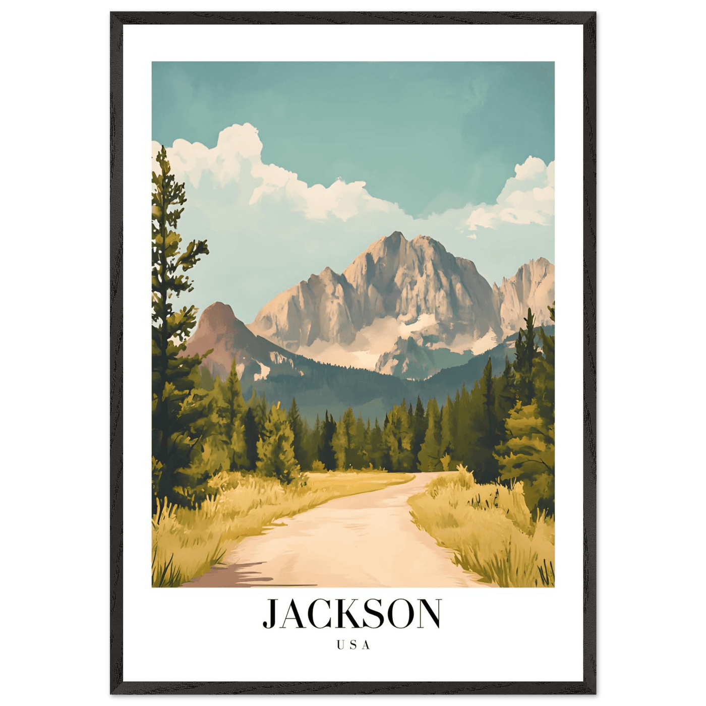 Jackson USA Mountain Landscape Framed Poster – Vintage Travel Wall Art with Wooden Frame - Vibrantwalls
