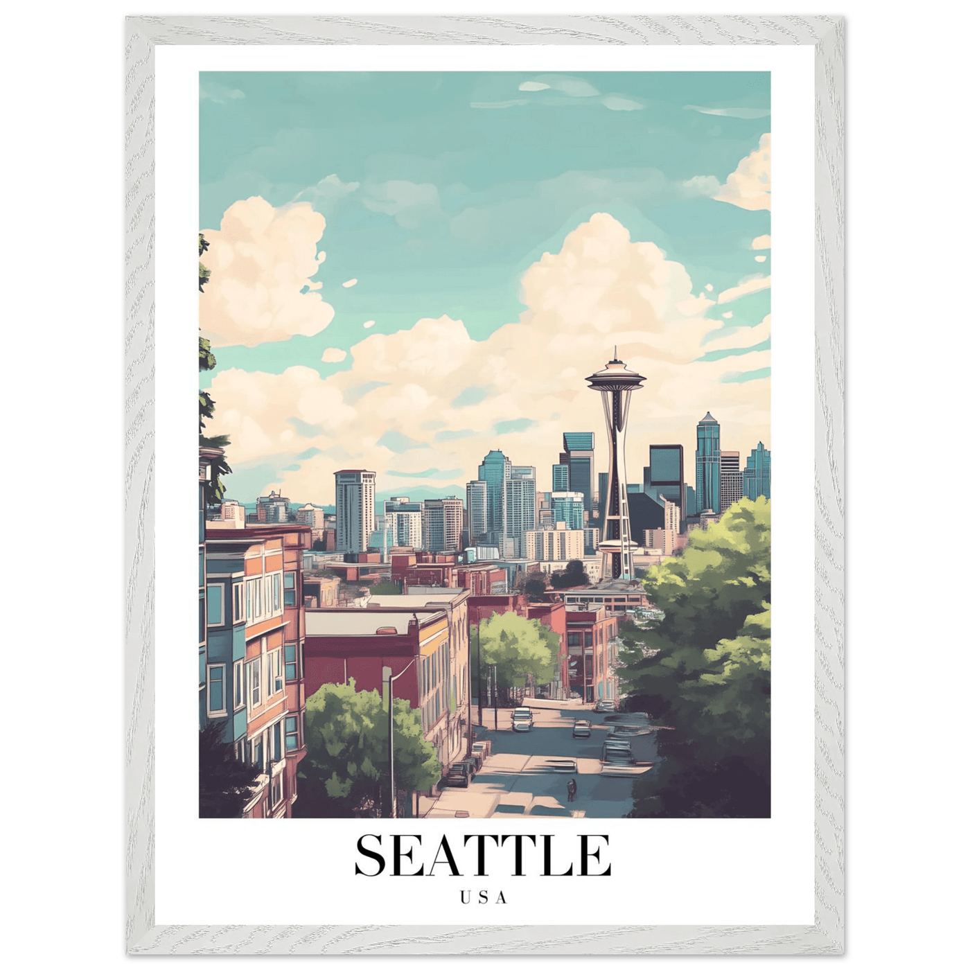 Seattle USA Framed Poster – Charming Watercolor Cityscape Wall Art with Wooden Frame - Vibrantwalls
