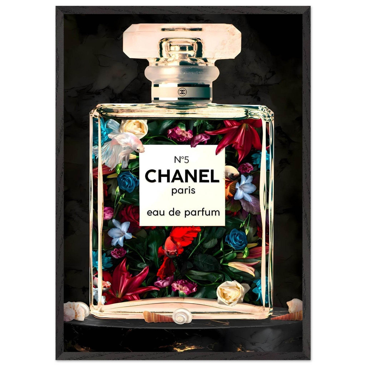 Chanel No. 5 Floral Fantasy Framed Art Print: A Timeless Blend of Iconic Fragrance and Vibrant Botanicals - Vibrantwalls
