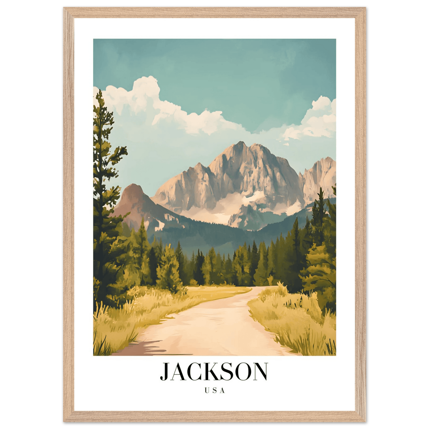 Jackson USA Mountain Landscape Framed Poster – Vintage Travel Wall Art with Wooden Frame - Vibrantwalls