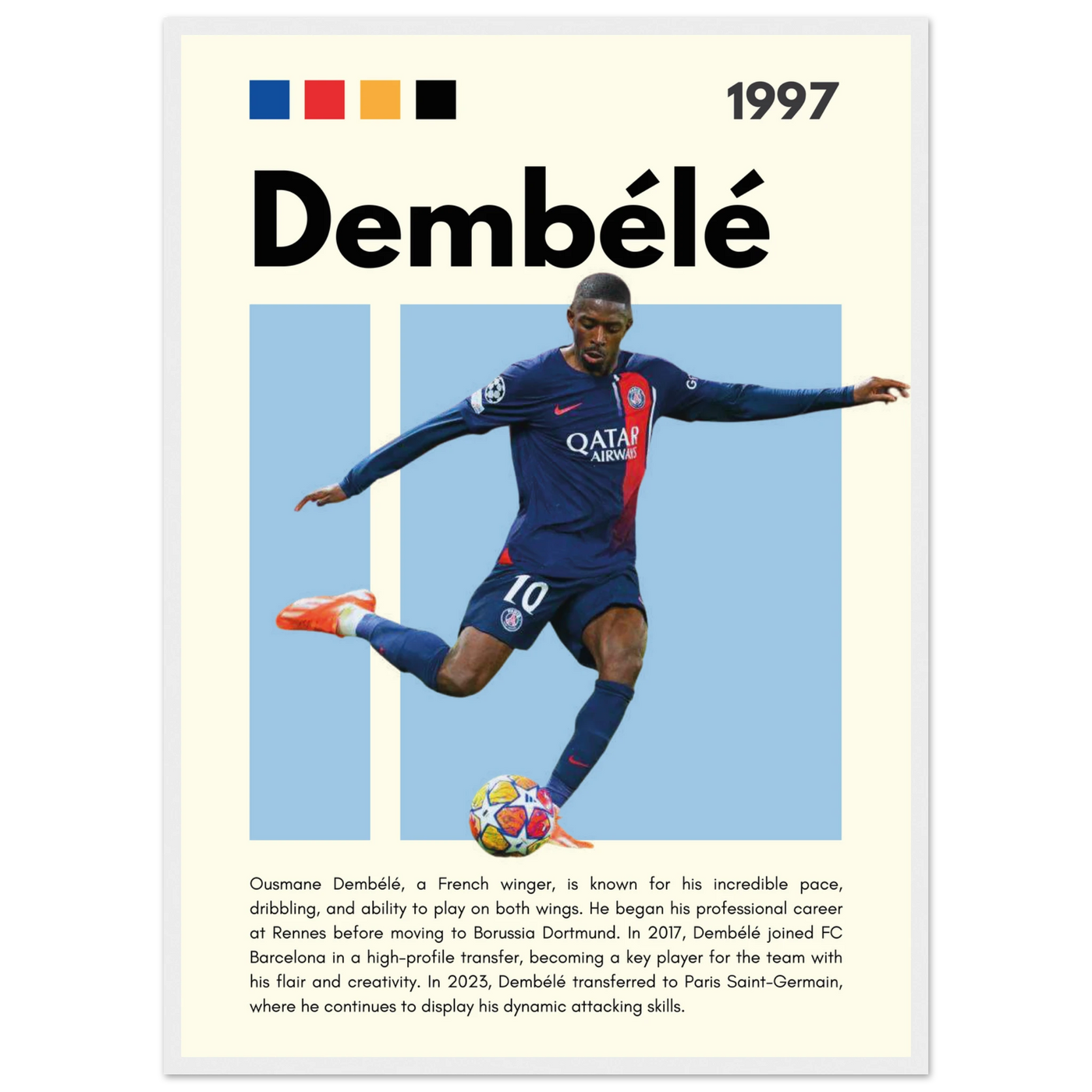Ousmane Dembélé PSG Soccer Framed Poster – Dynamic Football Art Print in Multiple Sizes & Frame Styles 50x70 cm 20x28″ White frame Vibrantwalls