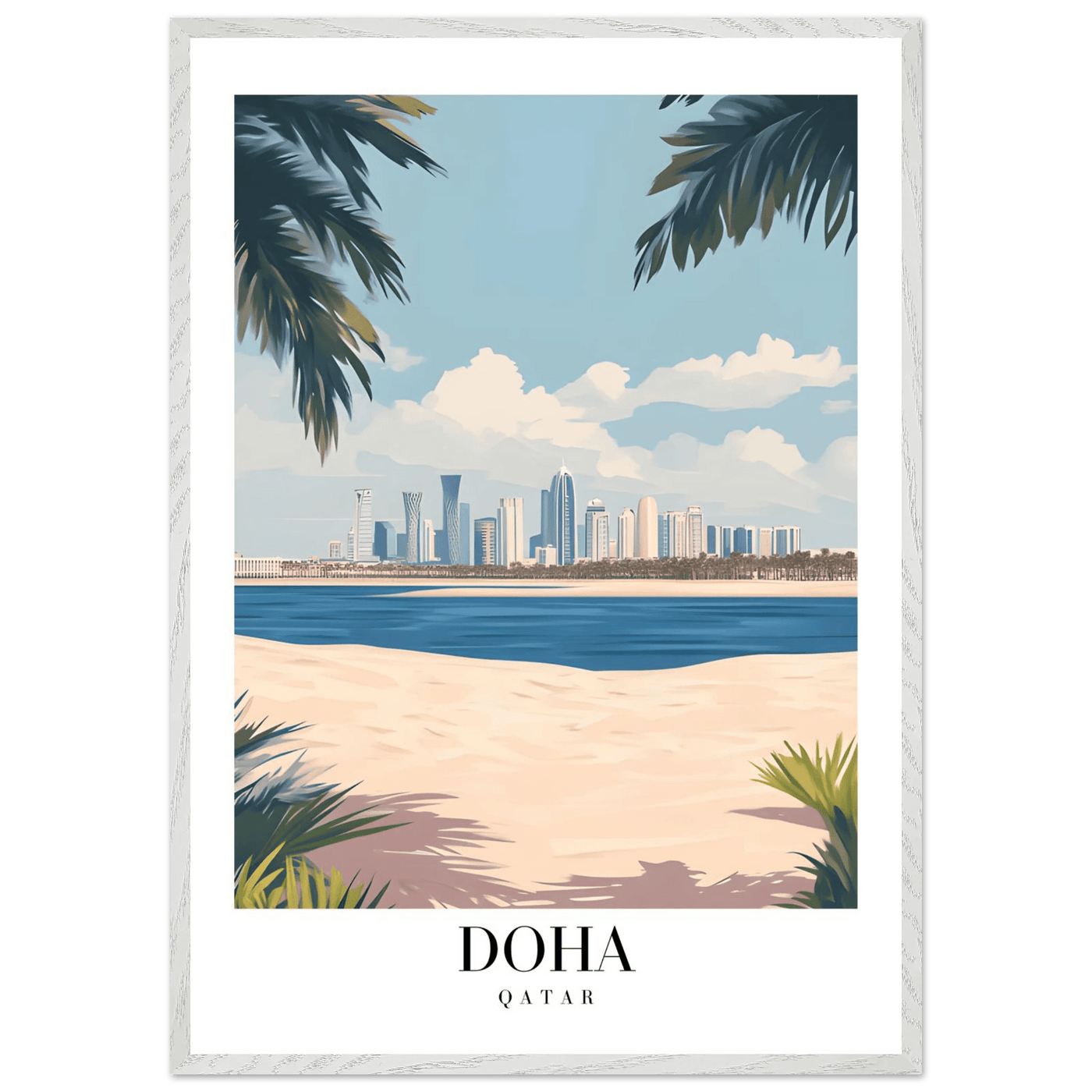 Doha Qatar Skyline Framed Poster – Modern Travel Wall Art with Palm Beach Vibes - Vibrantwalls