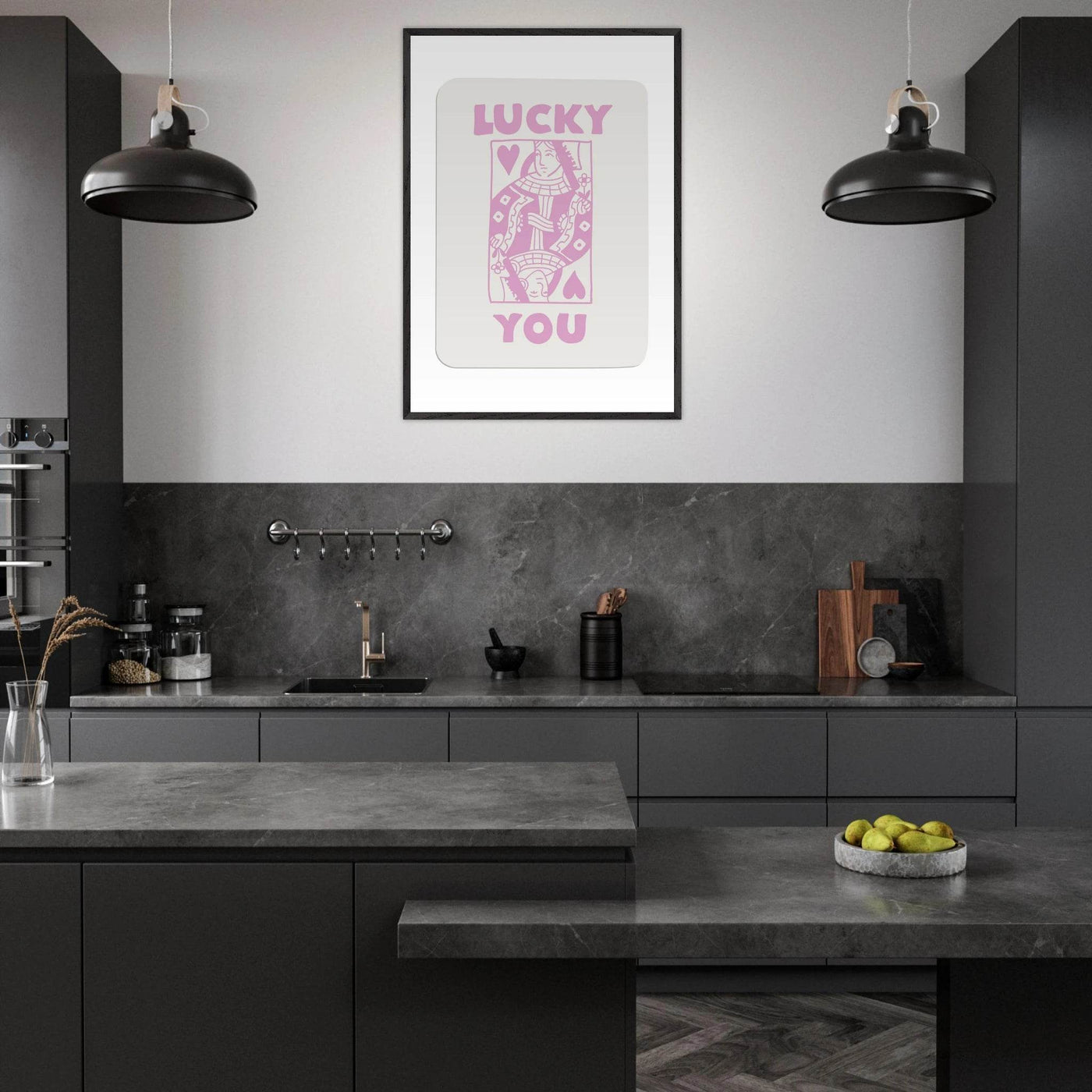 Lucky You Poker Card Art Print - Queen of Hearts Framed Poster, Pink & Cream Aesthetic Decor - Vibrantwalls