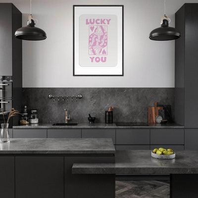 Lucky You Poker Card Art Print - Queen of Hearts Framed Poster, Pink & Cream Aesthetic Decor - Vibrantwalls