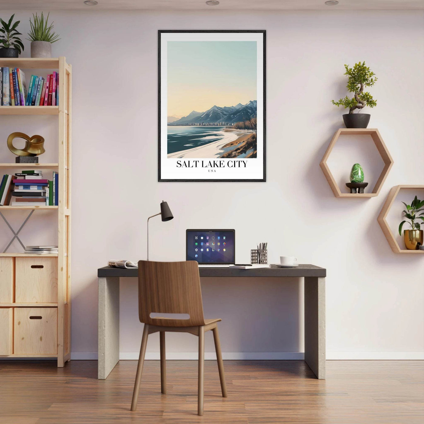 Salt Lake City Framed Poster – Modern Winter Landscape Art with Wood Frame - Vibrantwalls
