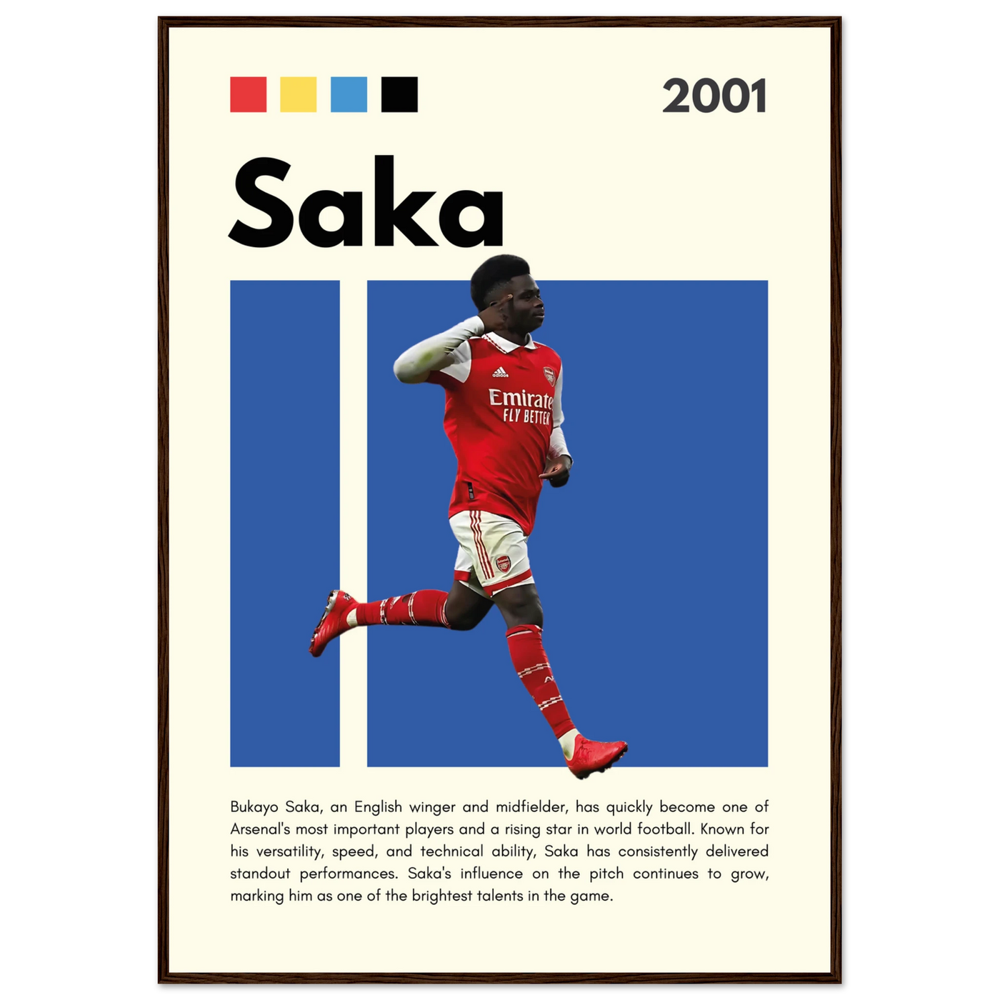Bukayo Saka Arsenal Framed Poster – Modern Football Art Print for Gooners 70x100 cm 28x40″ Dark wood frame Vibrantwalls