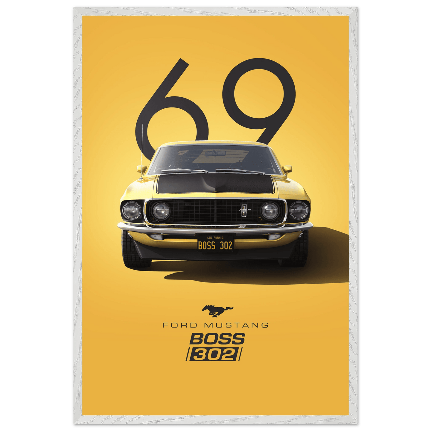 1969 Ford Mustang Boss 302 '69 - Iconic Yellow Framed Poster | Ready-to-Hang, Premium Art Print - Vibrantwalls