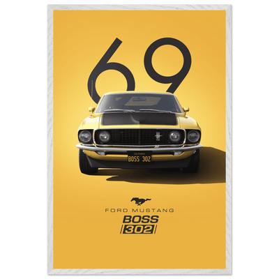 1969 Ford Mustang Boss 302 '69 - Iconic Yellow Framed Poster | Ready-to-Hang, Premium Art Print - Vibrantwalls