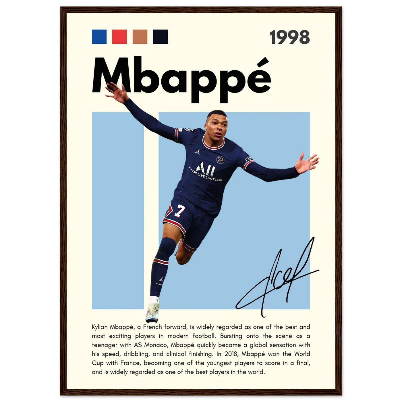 Kylian Mbappé PSG Soccer Framed Football Poster 50x70 cm 20x28″ Dark wood frame Vibrantwalls