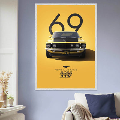 1969 Ford Mustang Boss 302 '69 - Iconic Yellow Framed Poster | Ready-to-Hang, Premium Art Print - Vibrantwalls