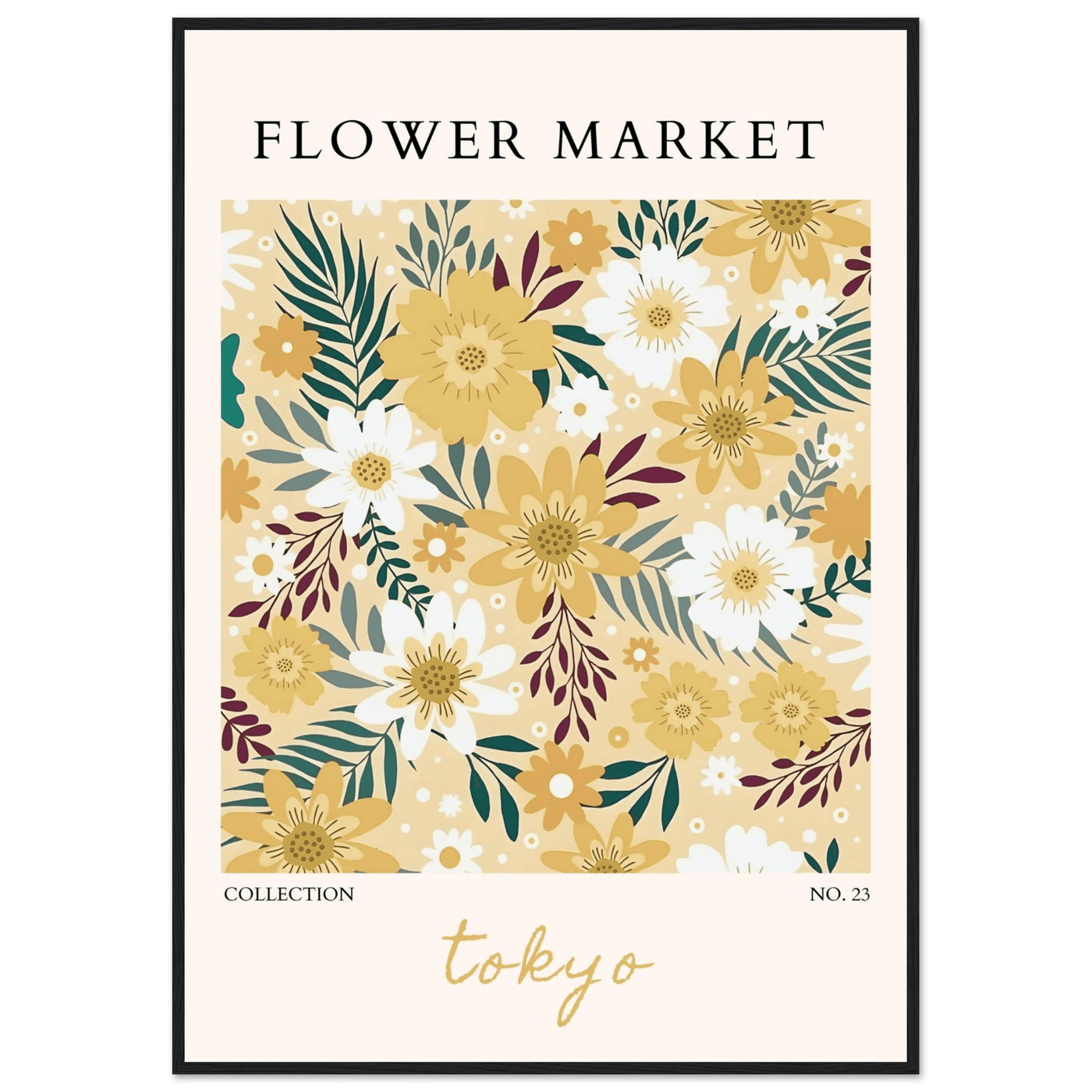 Tokyo Flower Market Framed Poster – Botanical Golden & White Floral Print | Ready-to-Hang Wall Art - Vibrantwalls