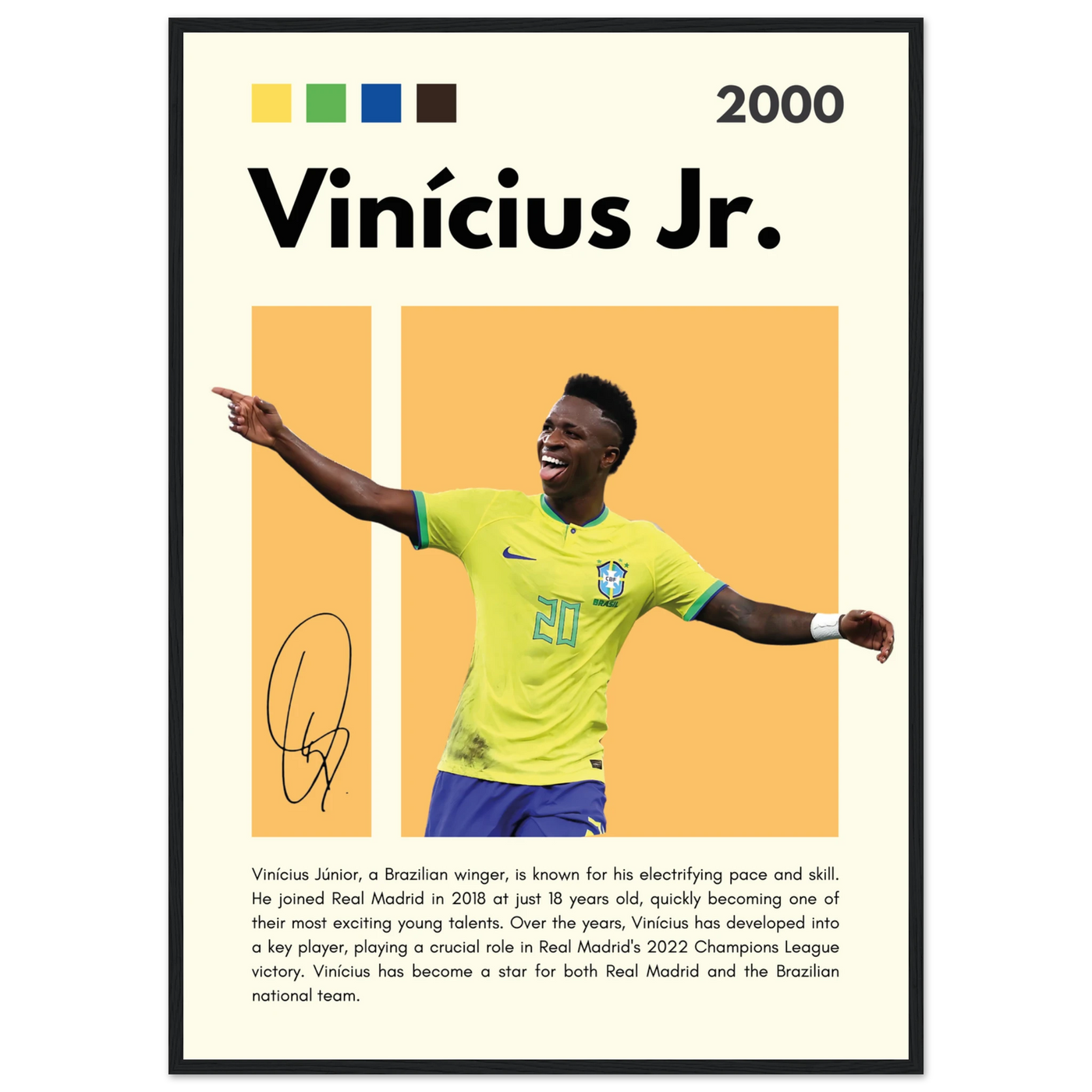 Vinicius Jr. Brazil Soccer Framed Poster – Dynamic Football Legend Art Print in Multiple Sizes & Frame Finishes A1 (59.4 x 84.1 cm) Black frame Vibrantwalls