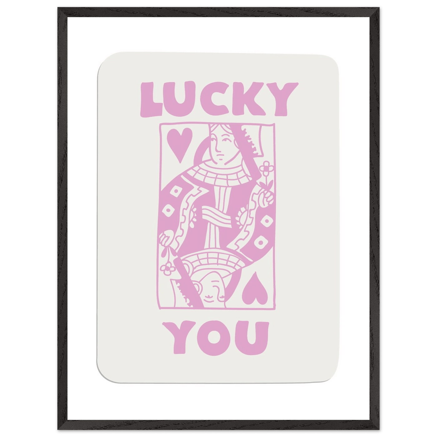 Lucky You Poker Card Art Print - Queen of Hearts Framed Poster, Pink & Cream Aesthetic Decor - Vibrantwalls