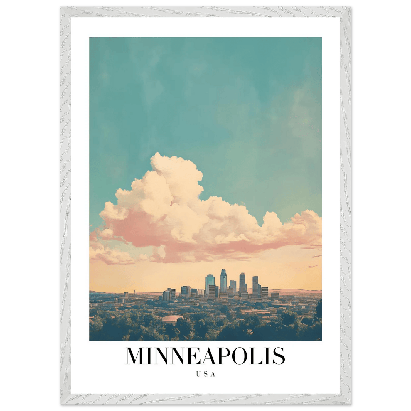 Minneapolis USA Framed Poster – Pastel Dream Sky Vintage Cityscape Art with Premium Wooden Frame - Vibrantwalls
