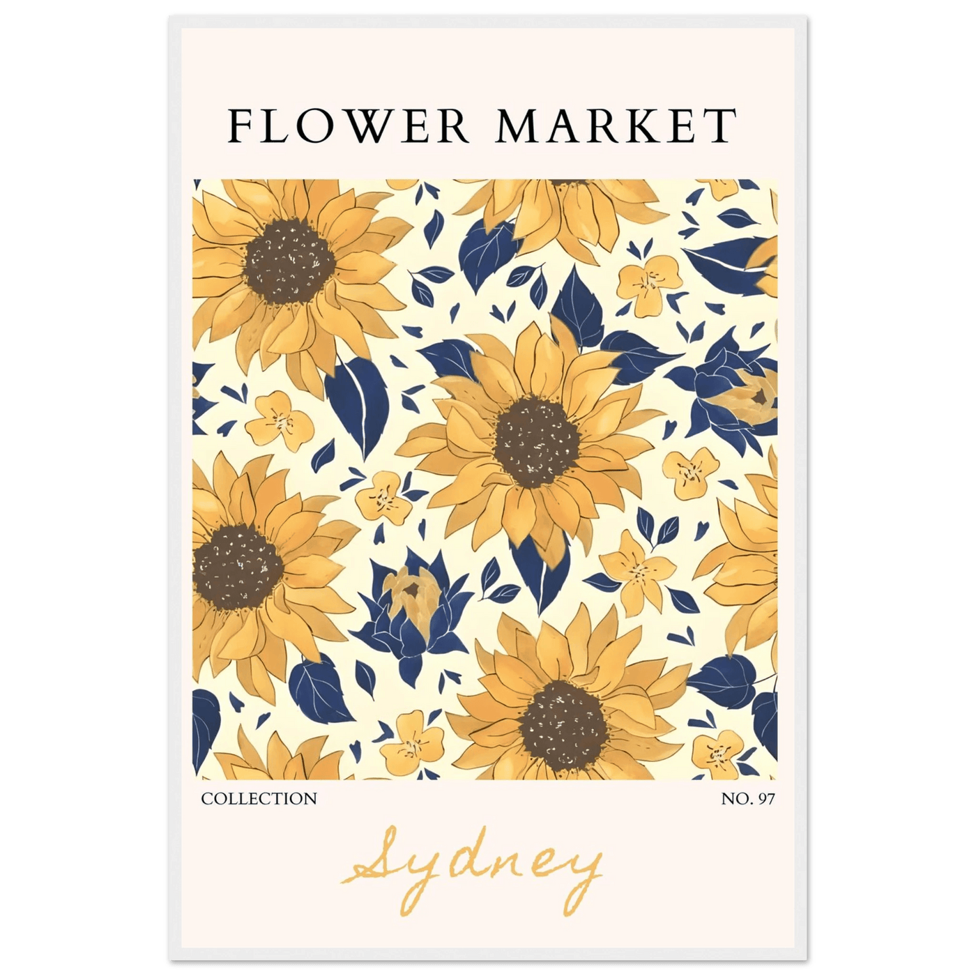 Vibrant Sunflower & Navy Floral Framed Poster – 'Flower Market Sydney' Collection | Ready-to-Hang Wall Art - Vibrantwalls
