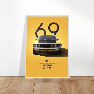 1969 Ford Mustang Boss 302 '69 - Iconic Yellow Framed Poster | Ready-to-Hang, Premium Art Print - Vibrantwalls