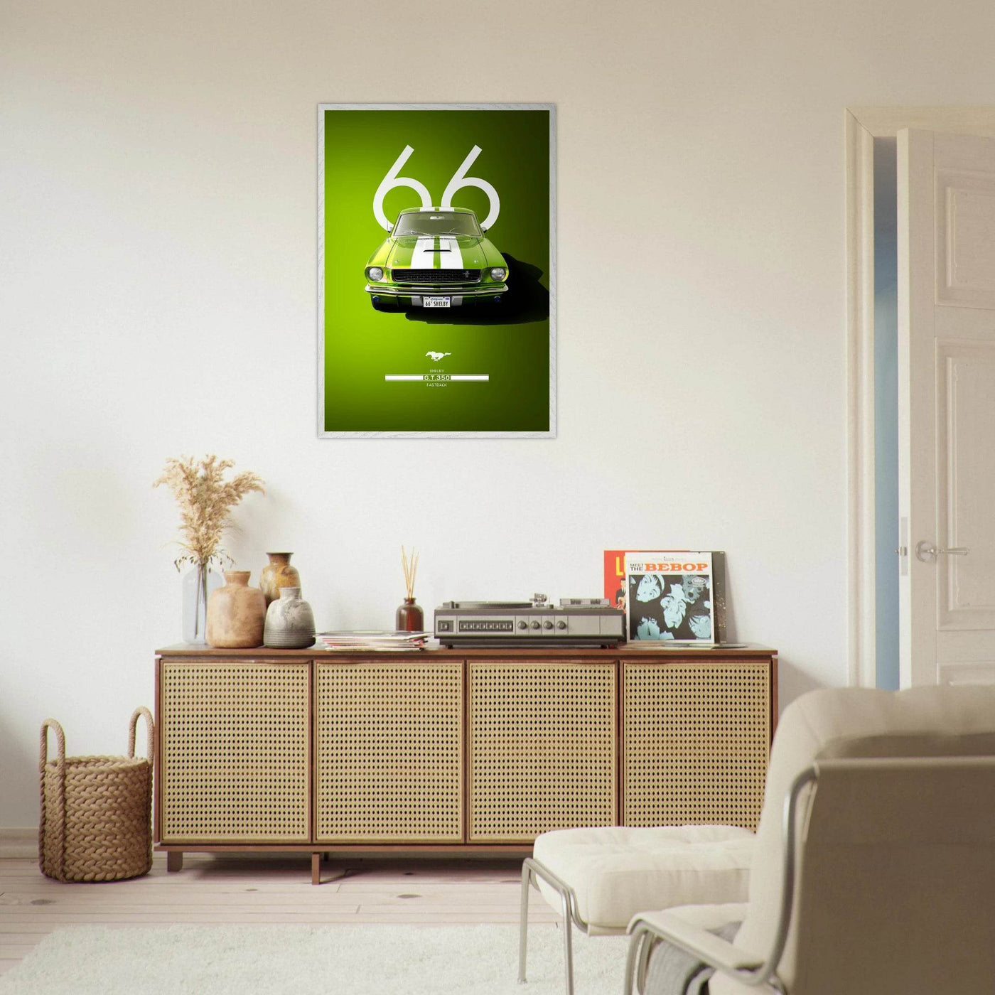 1966 Shelby GT350 Fastback Poster - Iconic Green & White Racing Stripes | Premium Framed Art, Ready-to-Hang - Vibrantwalls