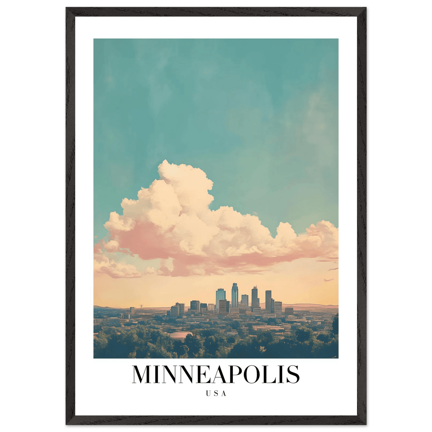Minneapolis USA Framed Poster – Pastel Dream Sky Vintage Cityscape Art with Premium Wooden Frame - Vibrantwalls