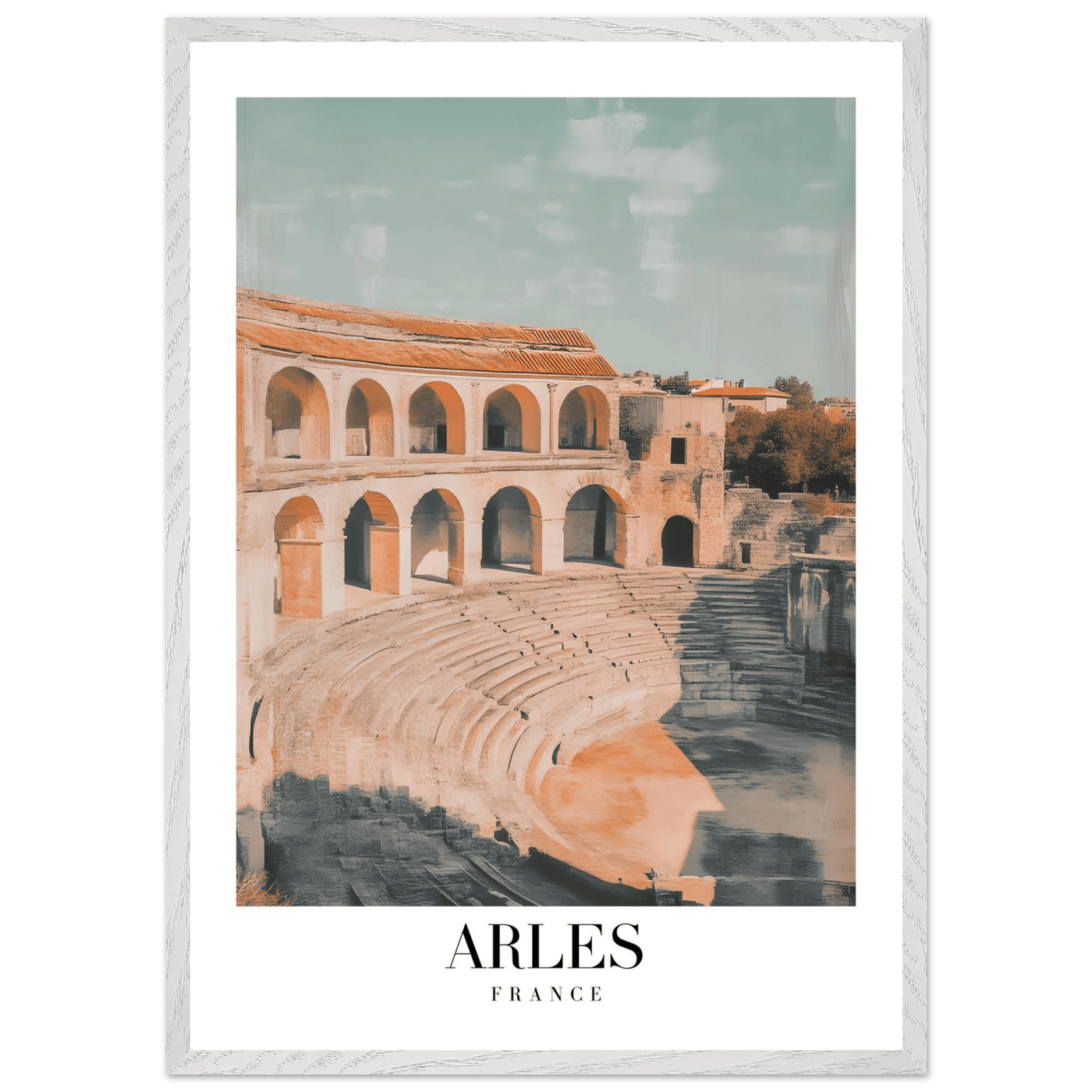 Arles France Amphitheater Framed Poster – Vintage Travel Wall Art with Wooden Frame and Serene Palette - Vibrantwalls