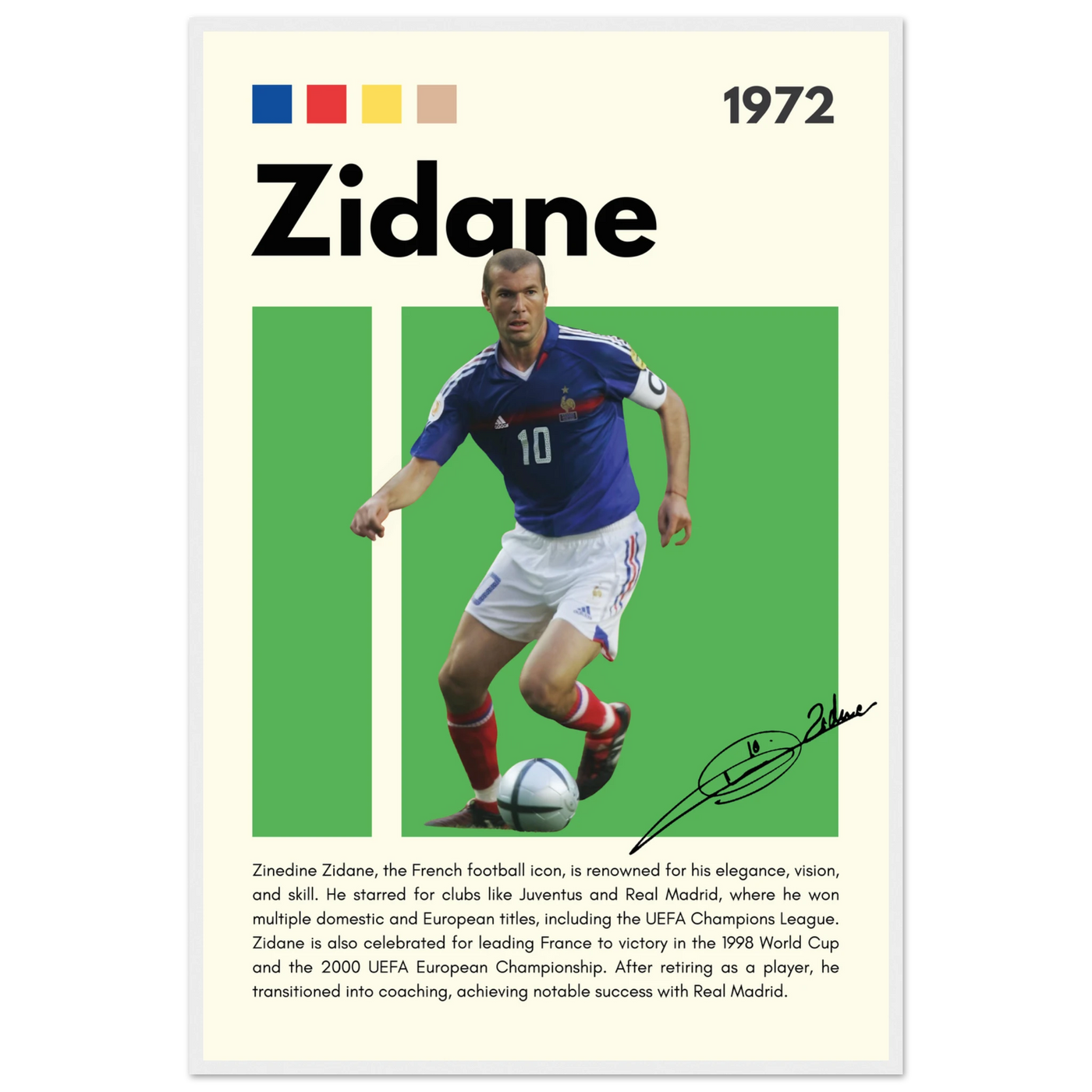 Zinedine Zidane Football Legend Framed French Poster 60x90 cm 24x36″ White frame Vibrantwalls