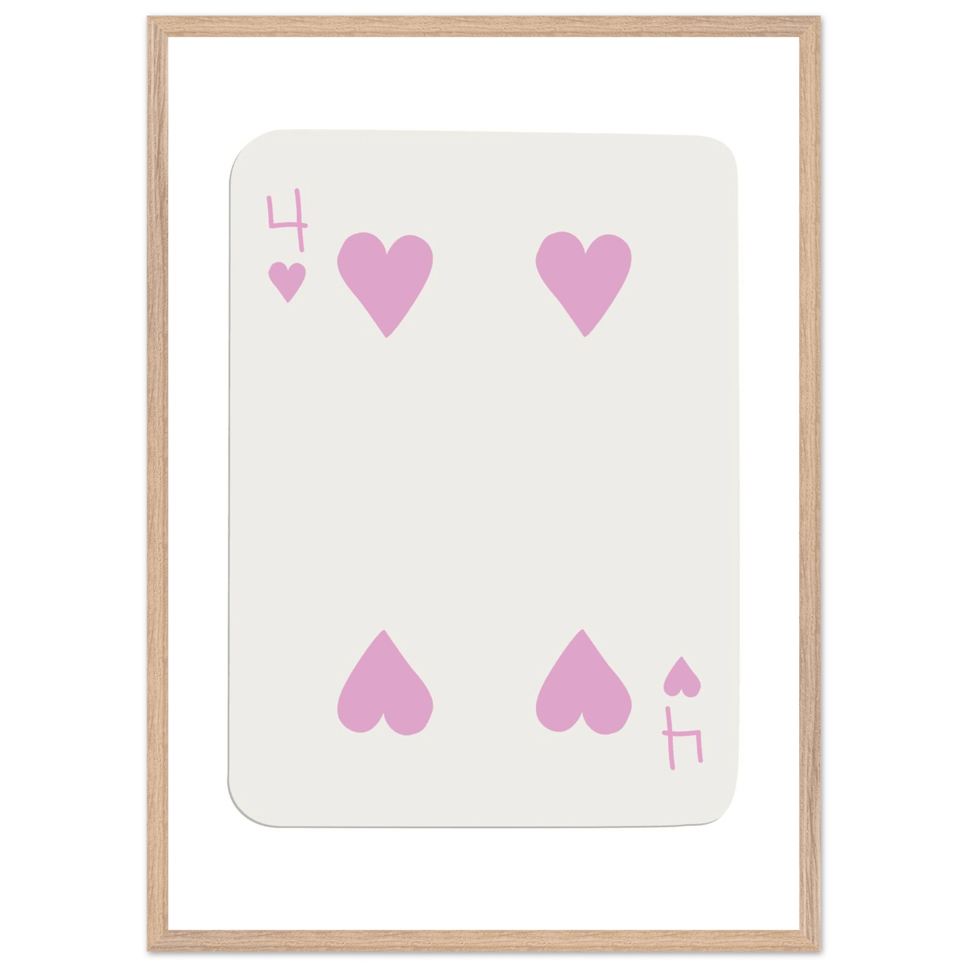 Four of Hearts Pastel Pink - Mounted Framed Poker Card Art, Eco-Friendly Wood Frame in Custom Sizes - Vibrantwalls