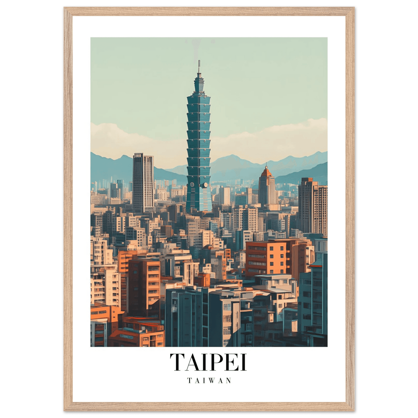 Taipei Taiwan Cityscape Framed Poster – Modern Retro Travel Art with Wooden Frame Options - Vibrantwalls