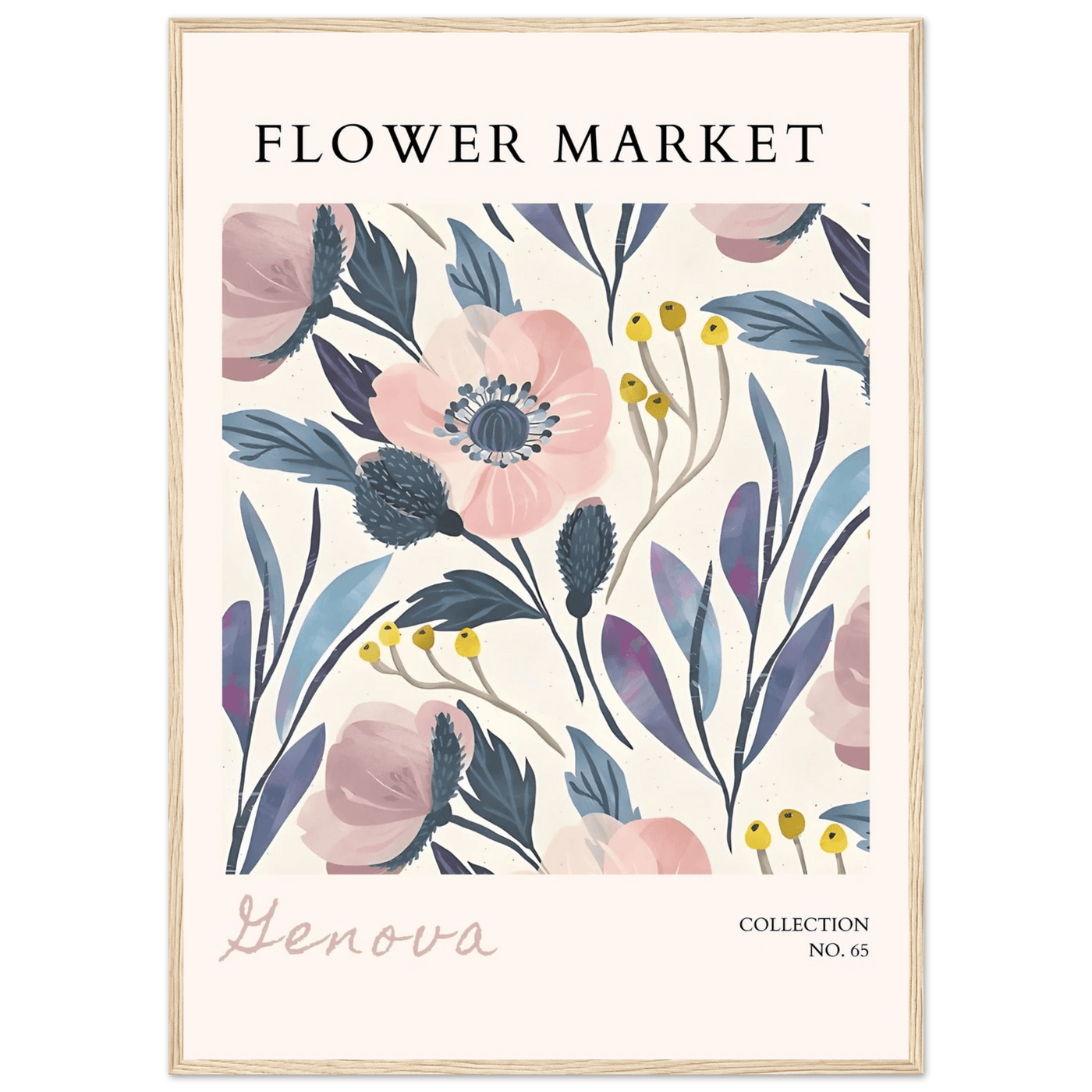 Flower Market 'Genova' Framed Poster – Blush & Indigo Floral Art Print | Ready-to-Hang Botanical Decor - Vibrantwalls
