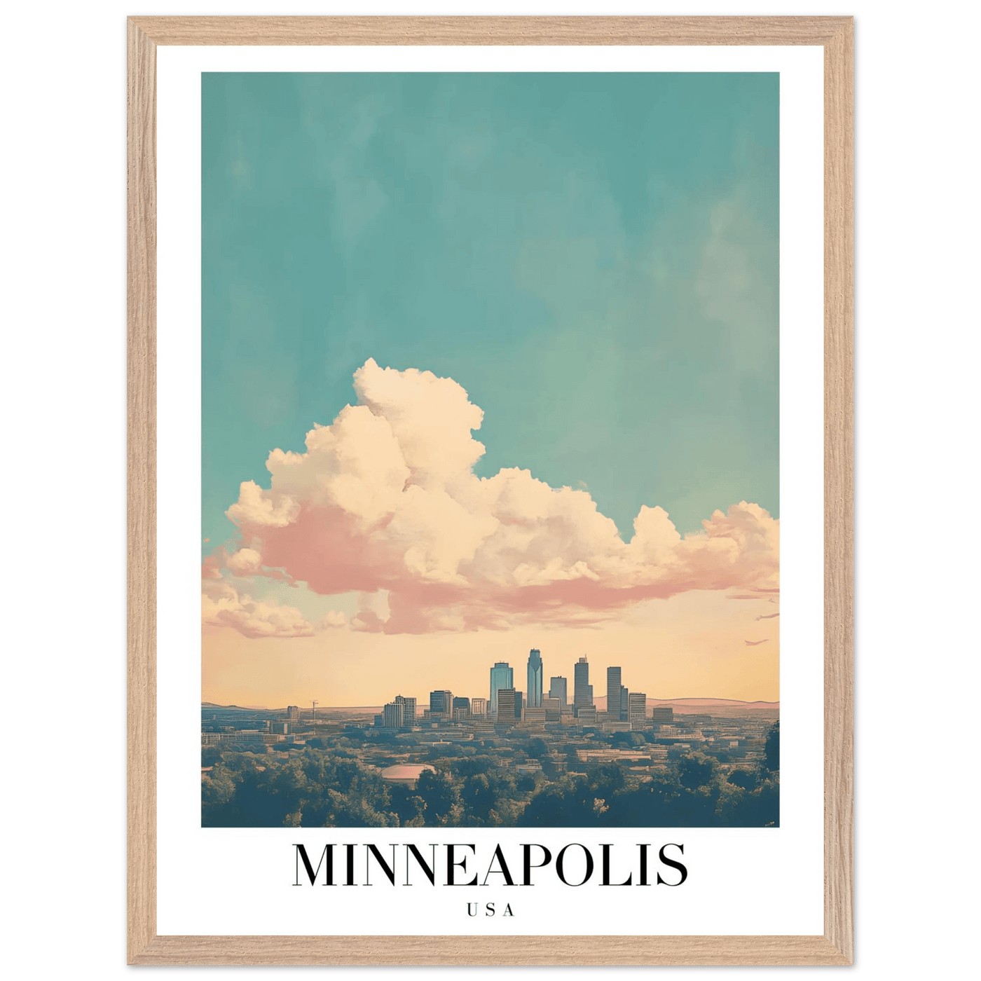 Minneapolis USA Framed Poster – Pastel Dream Sky Vintage Cityscape Art with Premium Wooden Frame - Vibrantwalls