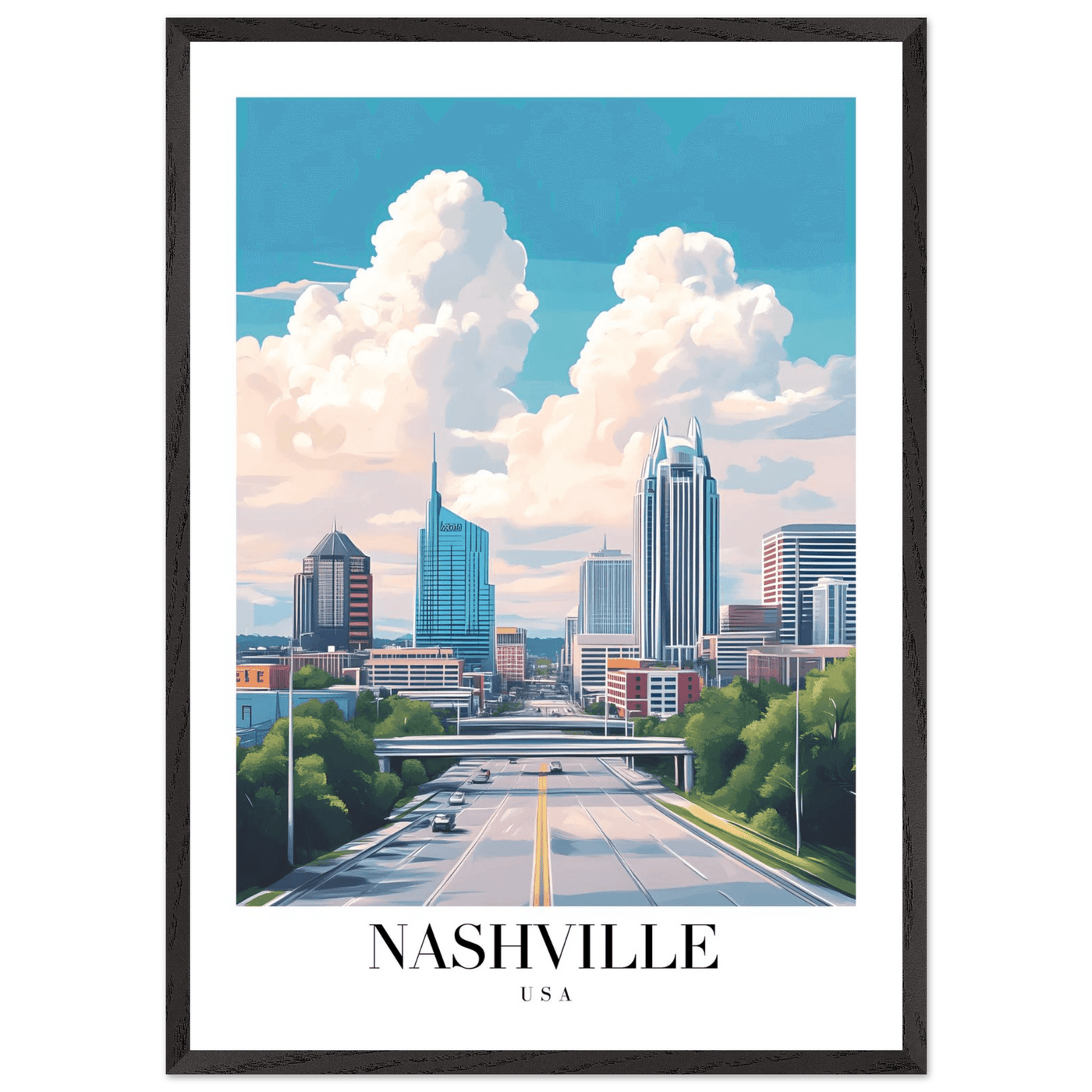 Nashville USA Cityscape Framed Poster – Modern Travel Wall Art with Wooden Frame & Your Choice of Size - Vibrantwalls