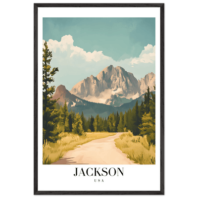 Jackson USA Mountain Landscape Framed Poster – Vintage Travel Wall Art with Wooden Frame - Vibrantwalls