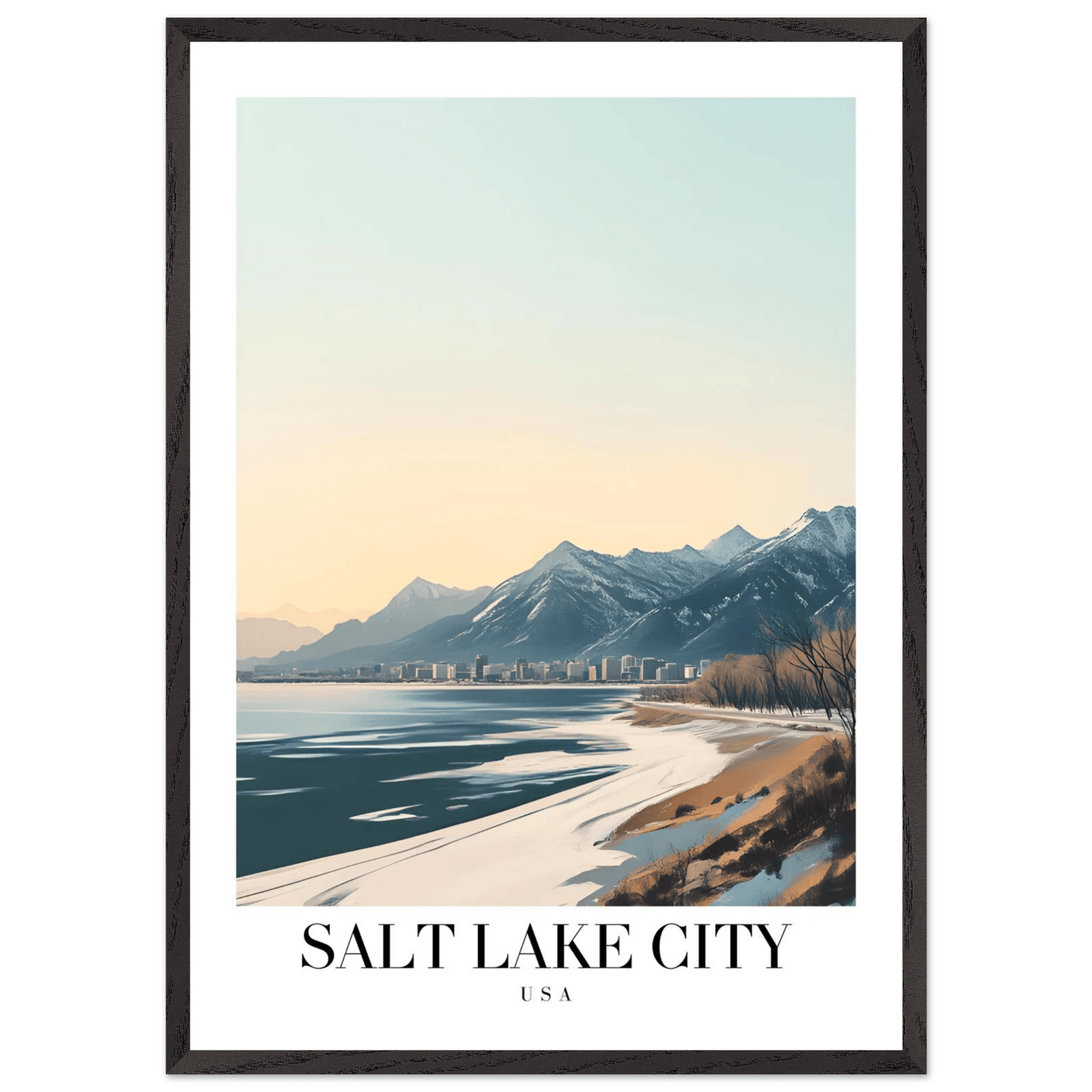 Salt Lake City Framed Poster – Modern Winter Landscape Art with Wood Frame - Vibrantwalls