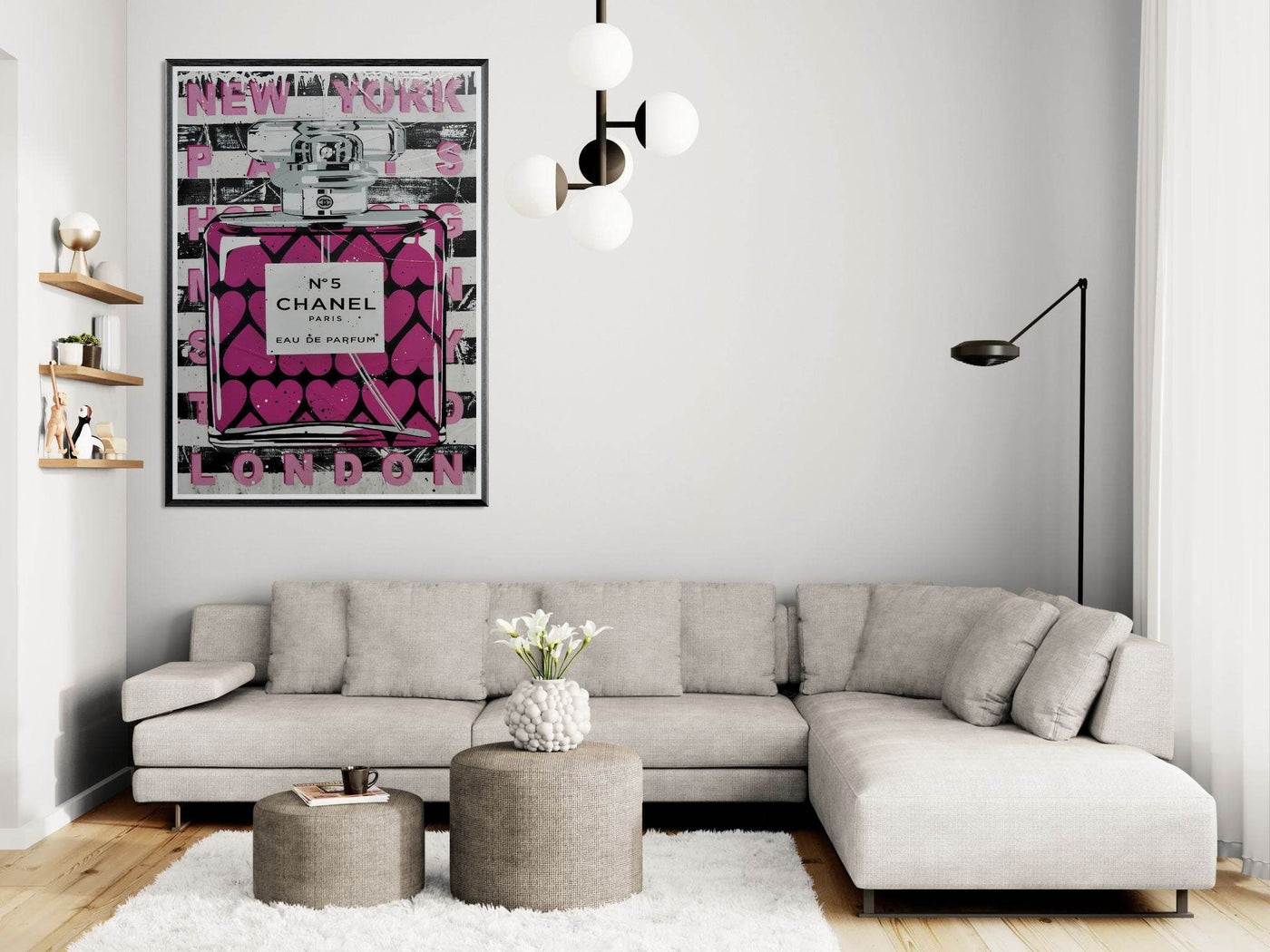 Chanel No. 5 Pink Hearts Pop Art Print in Premium Mounted Frame - Vibrantwalls
