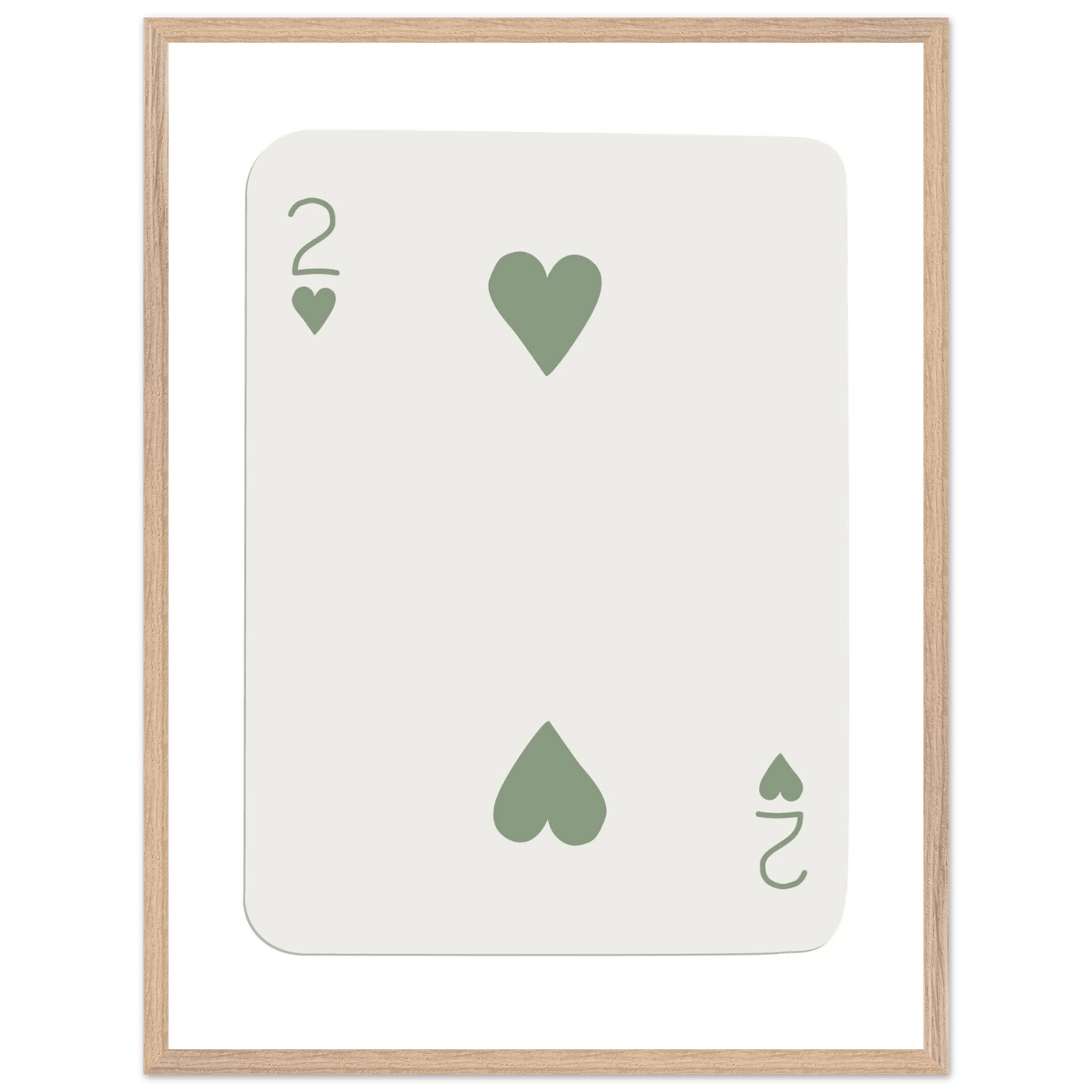 Minimalist Two of Hearts Poker Card Print - Sage Green & Cream Framed Art for Modern Decor, Eco Wood Frame - Vibrantwalls