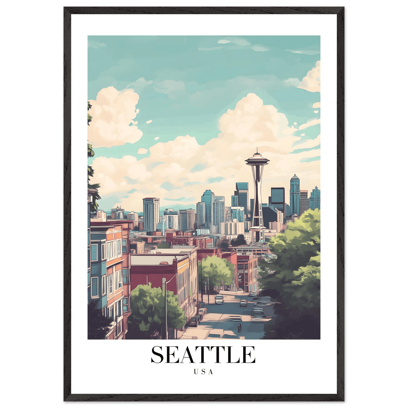 Seattle USA Framed Poster – Charming Watercolor Cityscape Wall Art with Wooden Frame - Vibrantwalls