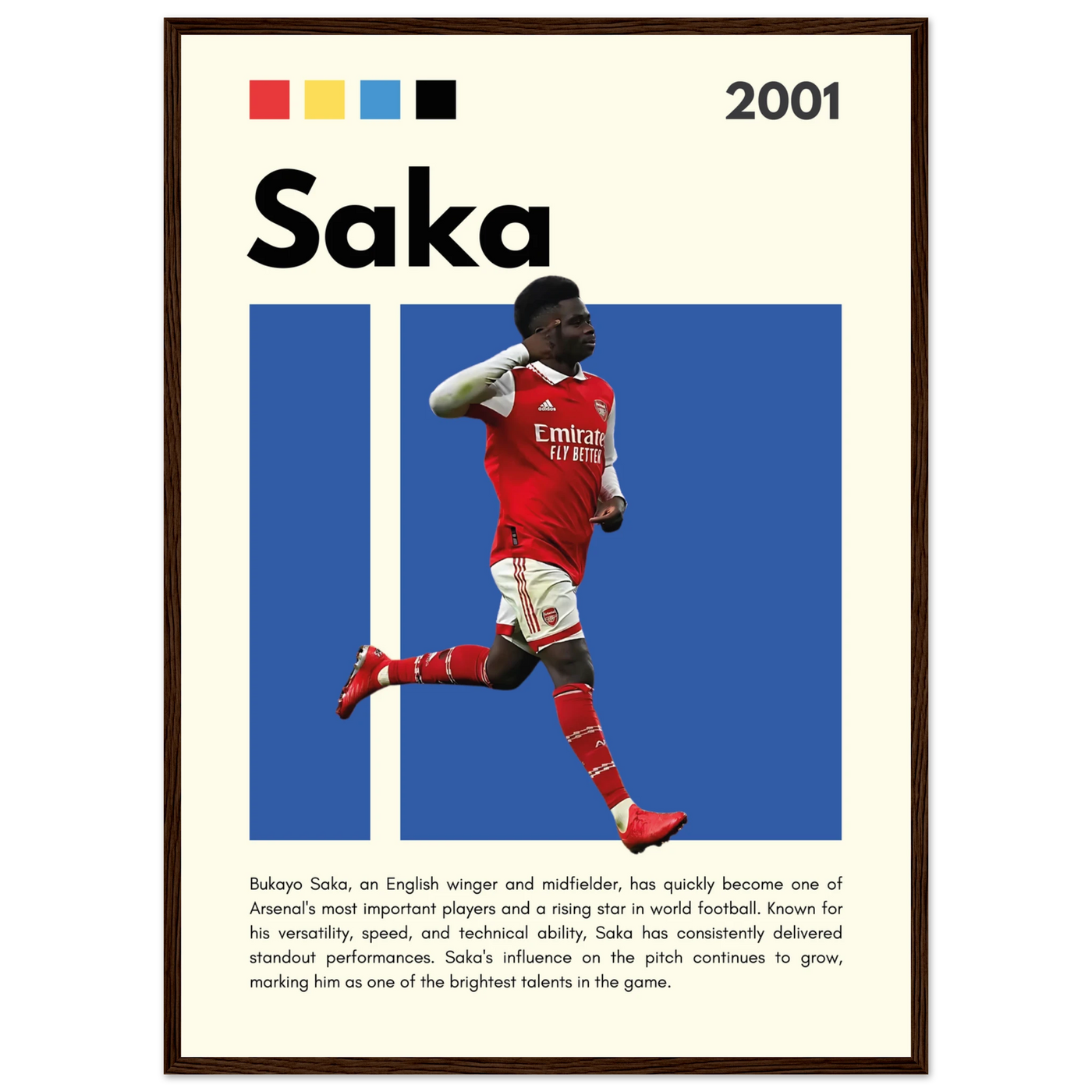 Bukayo Saka Arsenal Framed Poster – Modern Football Art Print for Gooners 50x70 cm 20x28″ Dark wood frame Vibrantwalls