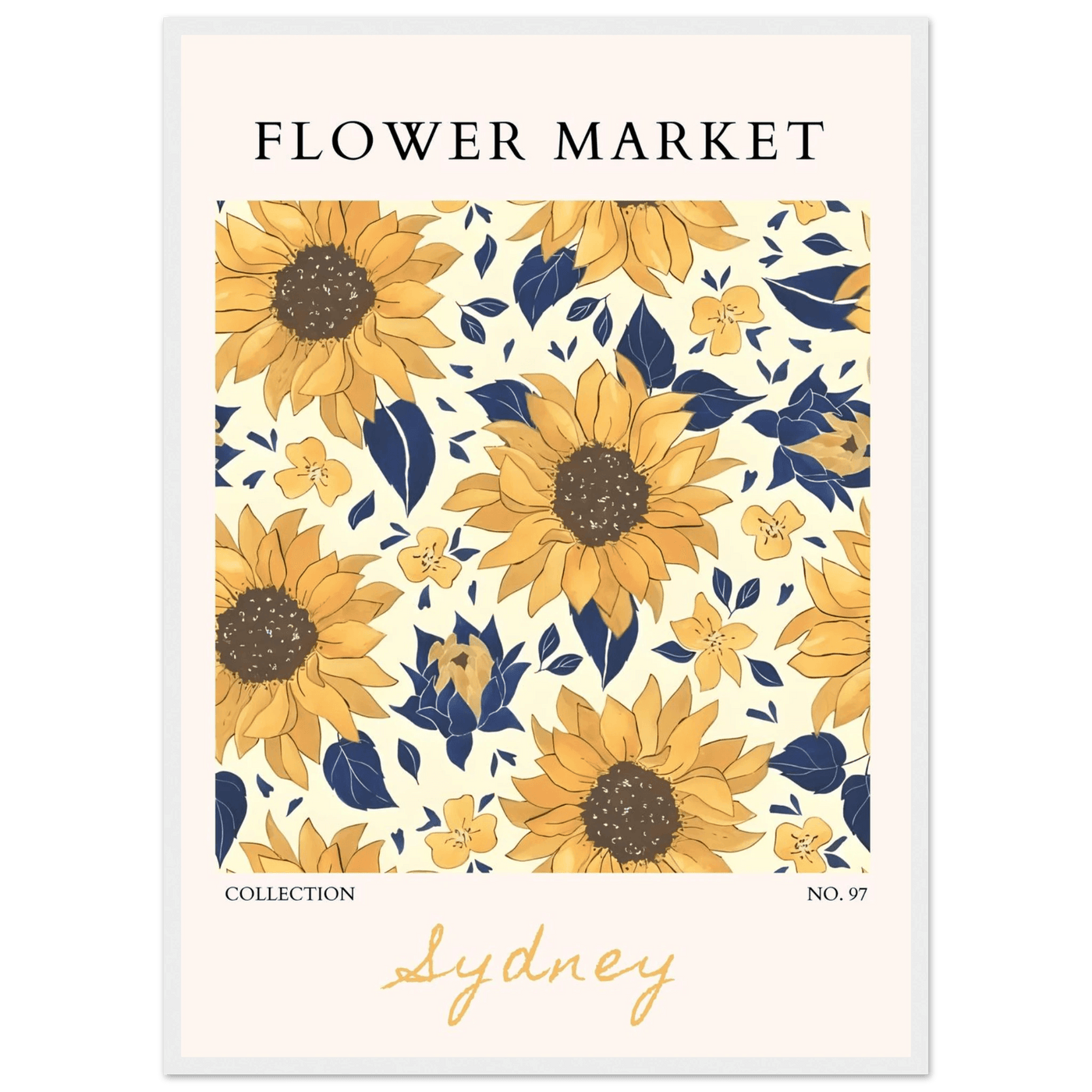 Vibrant Sunflower & Navy Floral Framed Poster – 'Flower Market Sydney' Collection | Ready-to-Hang Wall Art - Vibrantwalls