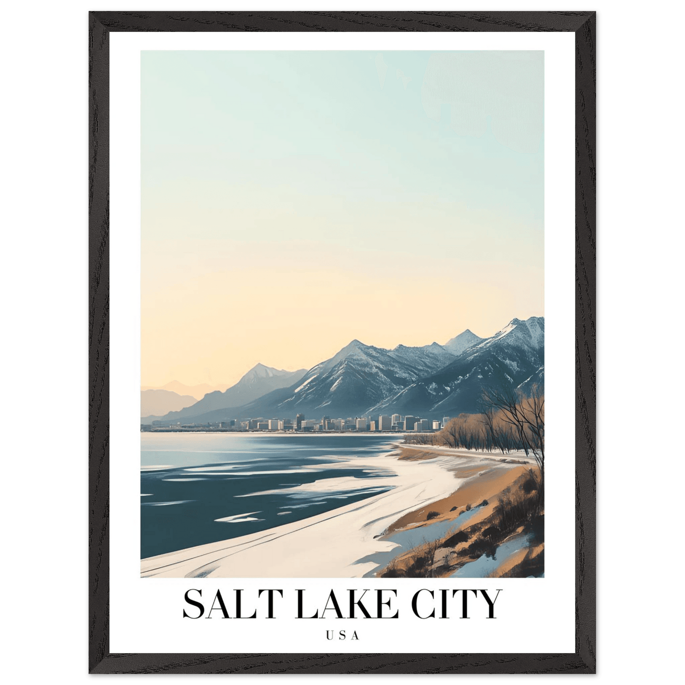 Salt Lake City Framed Poster – Modern Winter Landscape Art with Wood Frame - Vibrantwalls