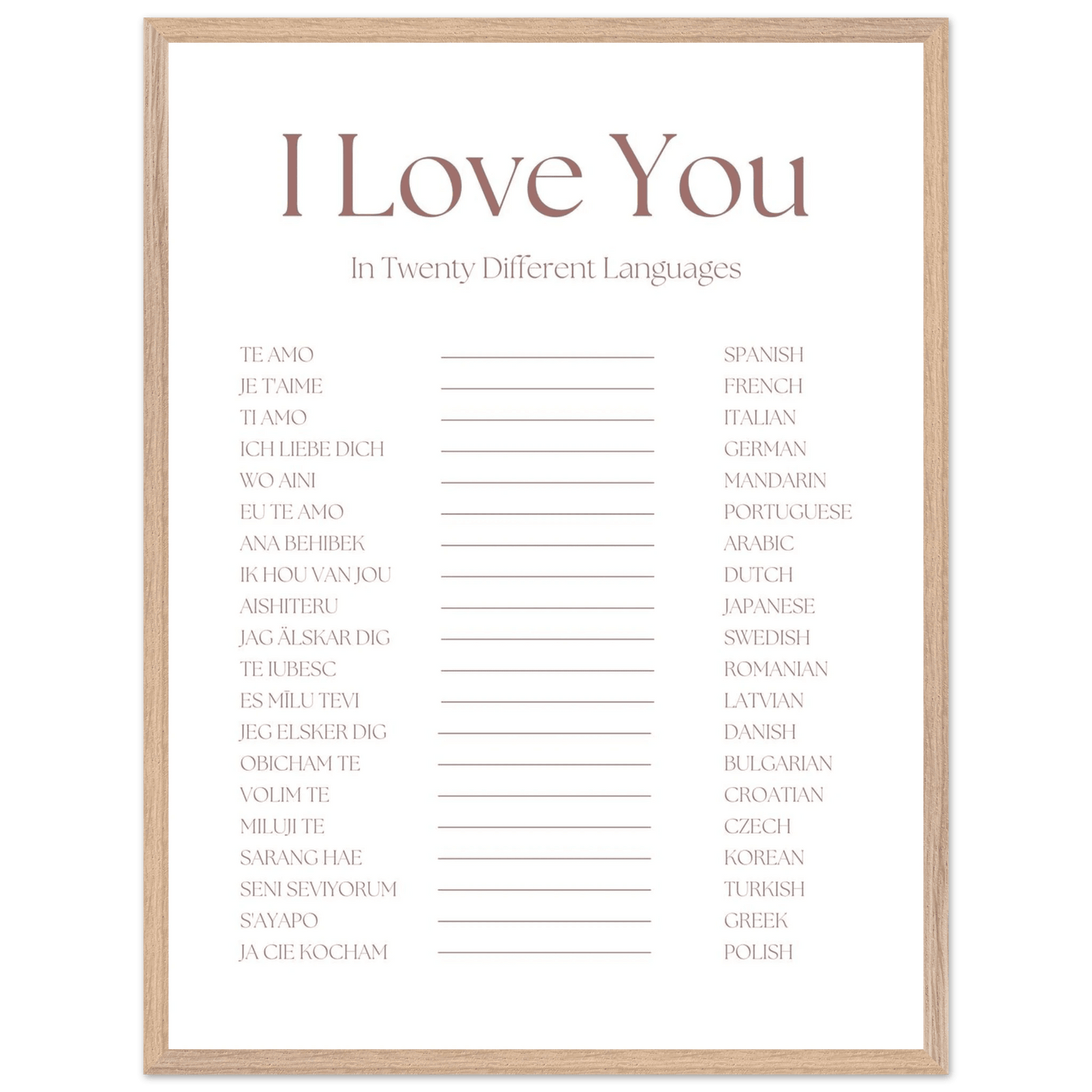 I Love You in 20 Languages - Mounted Framed Art Print, Eco-Friendly Wood Frame in Your Choice of Style - Vibrantwalls