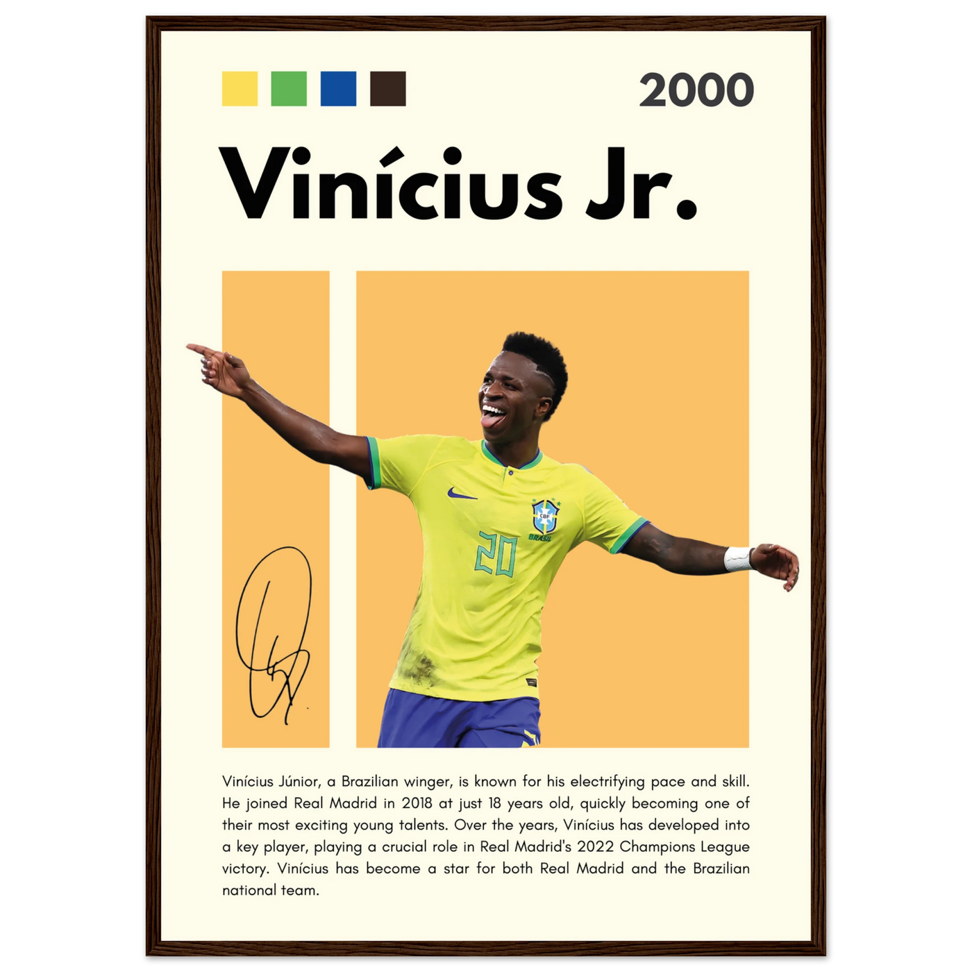 Vinicius Jr. Brazil Soccer Framed Poster – Dynamic Football Legend Art Print in Multiple Sizes & Frame Finishes 50x70 cm 20x28″ Dark wood frame Vibrantwalls