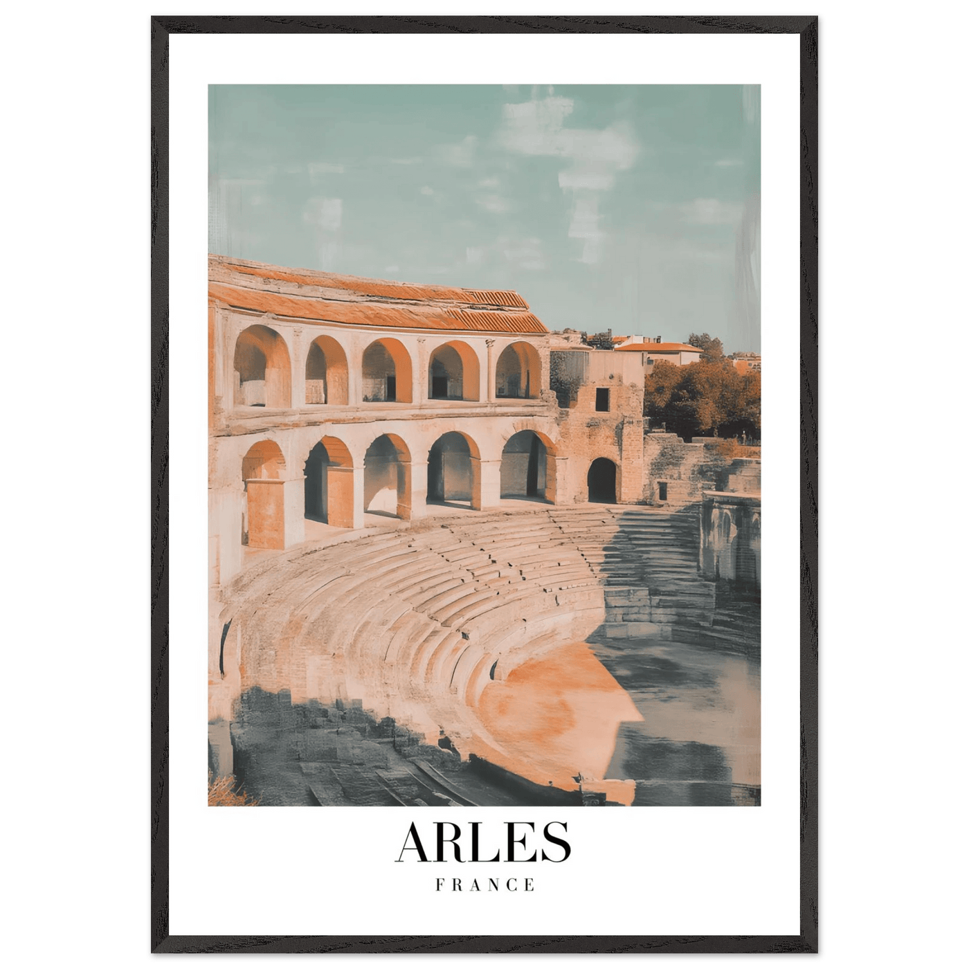 Arles France Amphitheater Framed Poster – Vintage Travel Wall Art with Wooden Frame and Serene Palette - Vibrantwalls