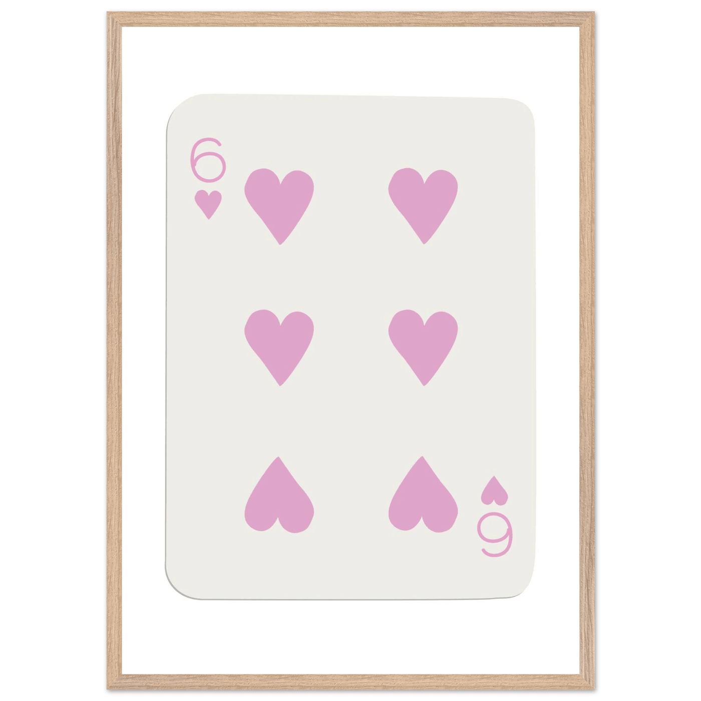 Minimalist Pink Six of Hearts Poker Card Print - Mounted Framed Eco-Friendly Wood Art - Vibrantwalls