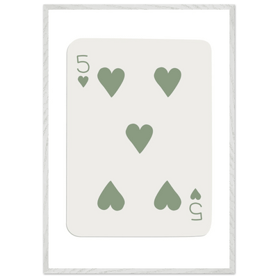 Five of Hearts Poker Card Print - Sage Green Aesthetic Framed Art, Eco-Friendly Wood Frame in Multiple Sizes - Vibrantwalls