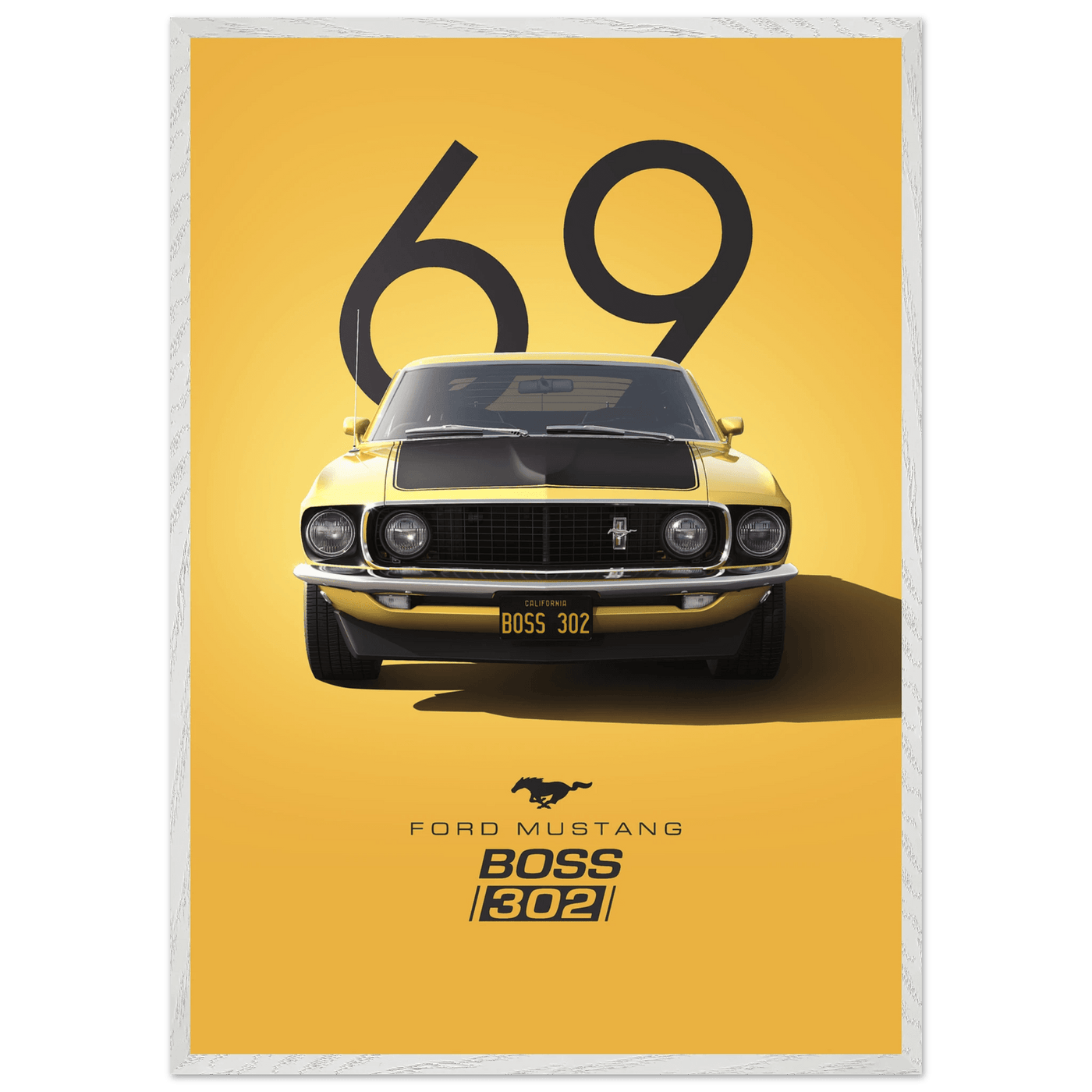 1969 Ford Mustang Boss 302 '69 - Iconic Yellow Framed Poster | Ready-to-Hang, Premium Art Print - Vibrantwalls