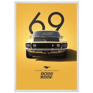 1969 Ford Mustang Boss 302 '69 - Iconic Yellow Framed Poster | Ready-to-Hang, Premium Art Print - Vibrantwalls