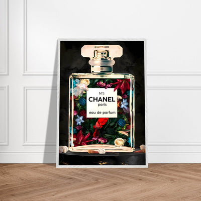 Chanel No. 5 Floral Fantasy Framed Art Print: A Timeless Blend of Iconic Fragrance and Vibrant Botanicals - Vibrantwalls