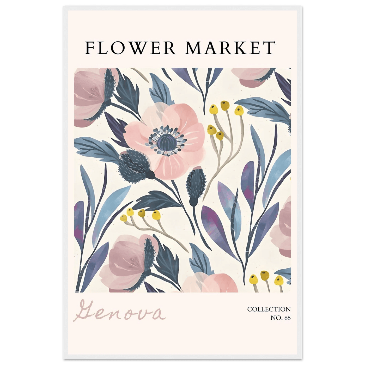 Flower Market 'Genova' Framed Poster – Blush & Indigo Floral Art Print | Ready-to-Hang Botanical Decor - Vibrantwalls