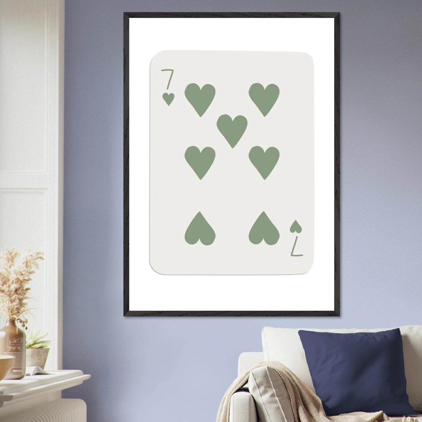 Minimalist Poker Card Art - Seven of Hearts - Sage Green Framed Poster, Eco-Friendly Decor - Vibrantwalls