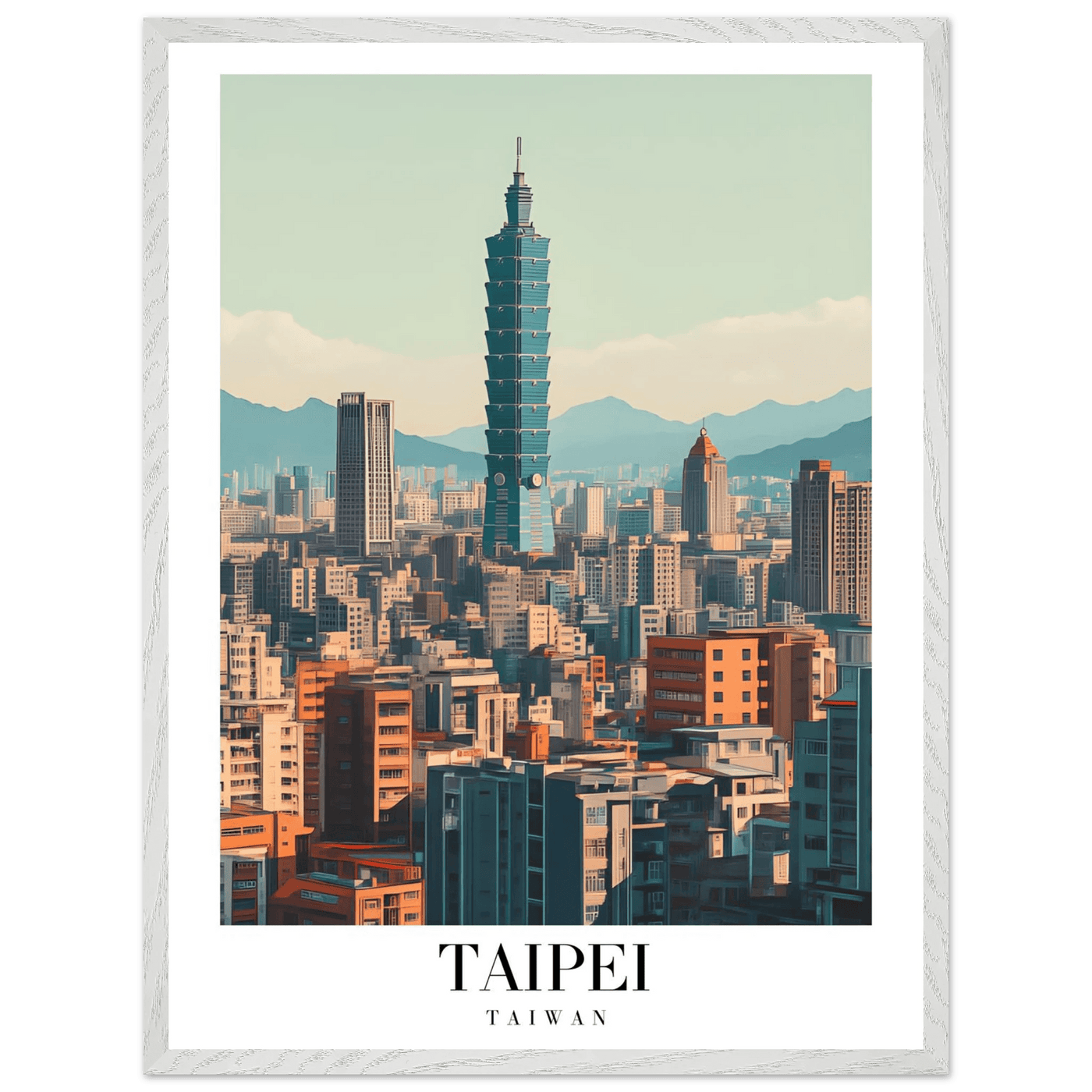 Taipei Taiwan Cityscape Framed Poster – Modern Retro Travel Art with Wooden Frame Options - Vibrantwalls